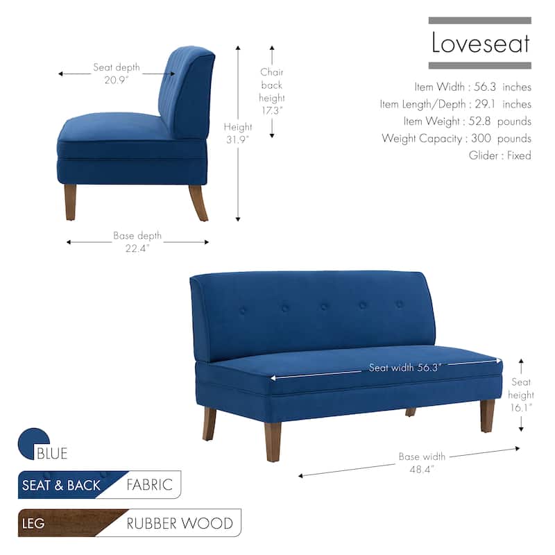 Porthos Home Svea Armless Loveseat Small Couch Sofa, Fabric, Rubberwood