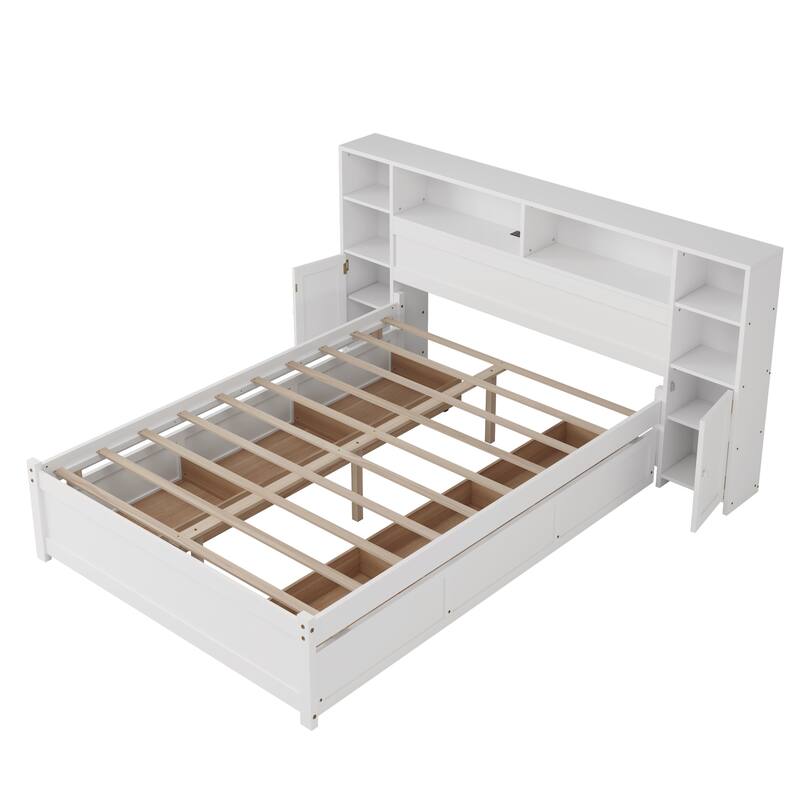 Twin/Full Size Wooden Storage Bed Frame with Bookcase Headboard and Charging Station, Platform Bed with 6 Drawers