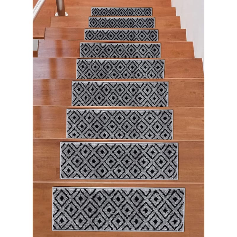 Beverly Rug Indoor Non Slip Carpet Stair Treads w/ Installed Tape 9"x 28" Trellis Dark Grey / Black