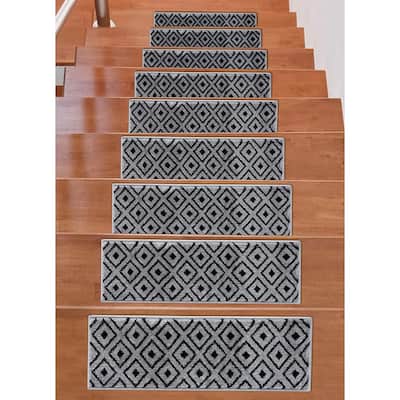 Beverly Rug Indoor Non Slip Carpet Stair Treads w/ Installed Tape 9"x 28" Trellis Dark Grey / Black