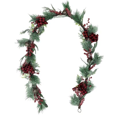 Fraser Hill Farm 9-Ft. Frosted Christmas Garland with Red Berries, Plaid Bows, and Rustic Sleigh Bells - 9 Foot