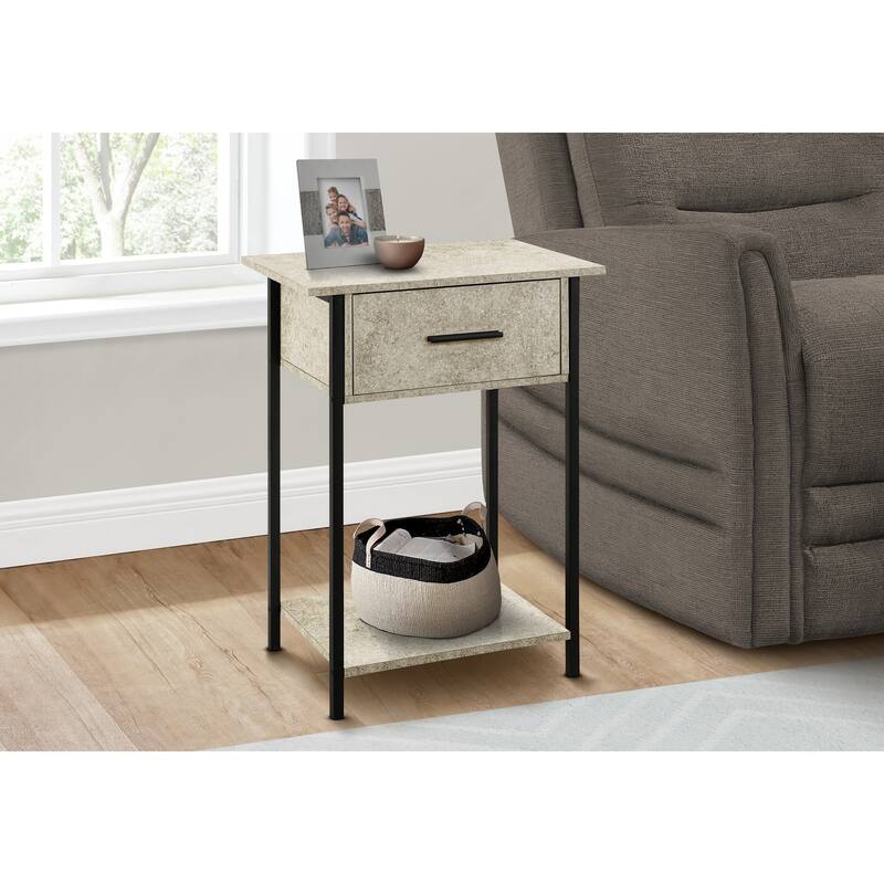 Accent Table, 2 Tier, End, Lamp, Living Room, Side Table, Storage Drawer, Small, Cream Stone Laminate, Black Metal, Contemporary