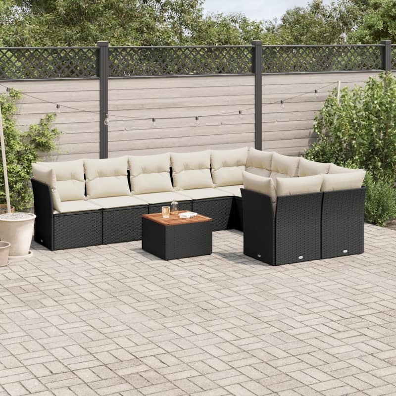 vidaXL Patio Sofa Set with Cushions Outdoor Furniture 10 Piece Poly Rattan - 21.7 x 21.7 x 14.6 - Black and Cream-4x corner+5x middle+table