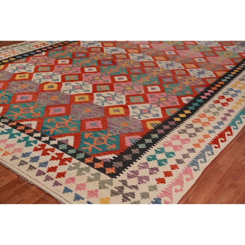 Geometric Kilim Large Rug Flatweave Multi-Color Wool Carpet - 10'2"x 15'11"