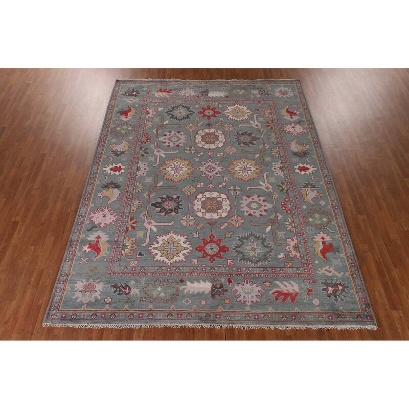 All-Over Gray Floral Oushak Indian Area Rug Handmade Wool Carpet - 9'1"x 11'9"