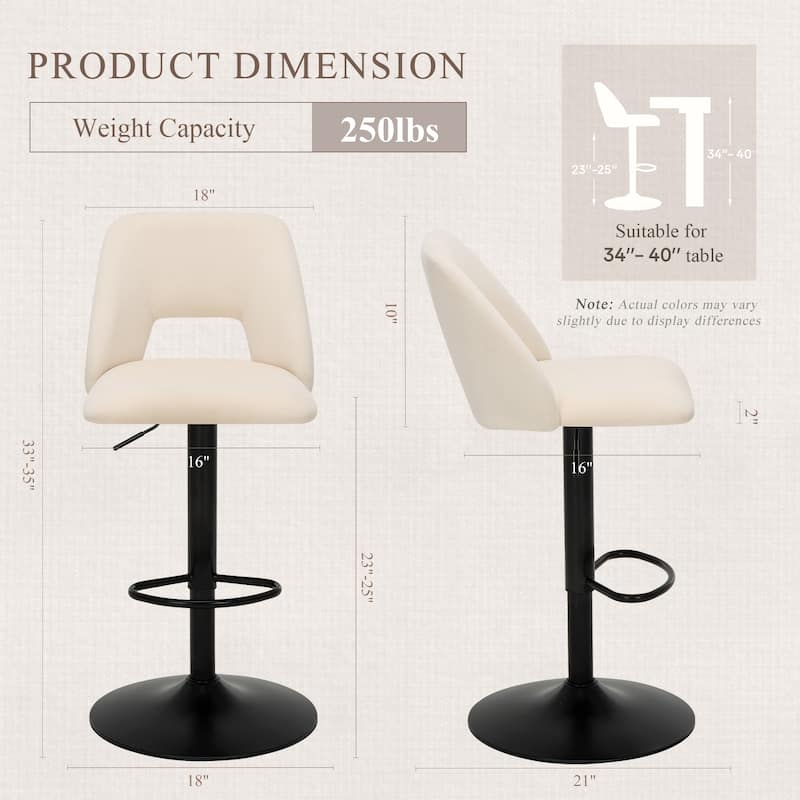 Set of 2 Adjustable Swivel Bar Stool - PU Leather Counter Height Stool with Square Open Back for Kitchen Island