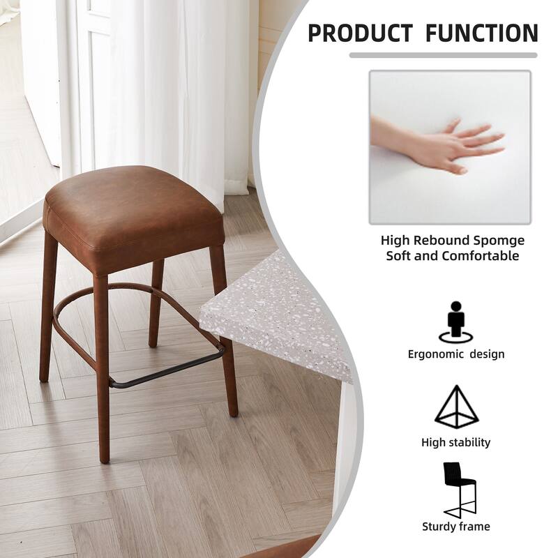 Rossetta 2-Piece Backless Cognac Understated Luxury Design PU Bar Stool Set with Integrated Metal Footrest