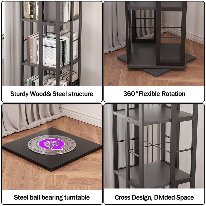 Corner Rotating Bookshelf, 360 Display Wood Spinning Bookshelf, Floor Standing Bookcase Organizer Storage Rack