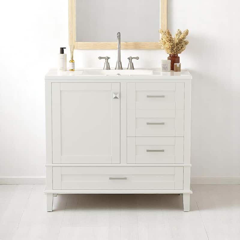 36" Bathroom Vanity with Ceramic Sink, Solid Pine Frame, Soft-Close Door & 3 Drawers - Modern Freestanding Cabinet - White
