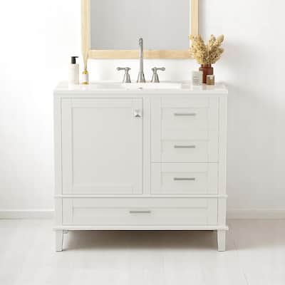 36" Bathroom Vanity with Ceramic Sink, Solid Pine Frame, Soft-Close Door & 3 Drawers - Modern Freestanding Cabinet