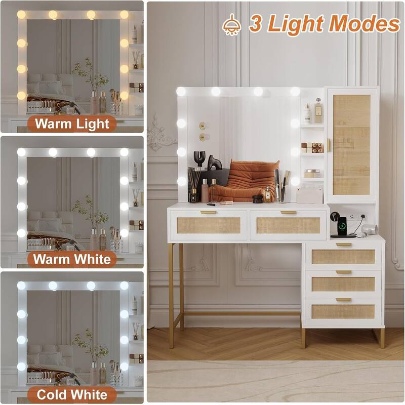 5 Drawers 7 Shelves Dressing Table, Makeup Vanity Desk with Mirror and Lights for Bedroom