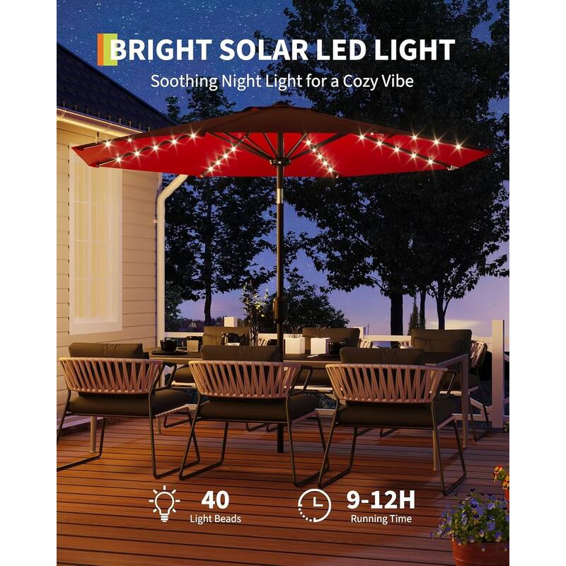 10 Ft Patio Umbrella with Solar Lights, Outdoor Table Umbrella with 40 LED Lights & Tilt Crank - Red