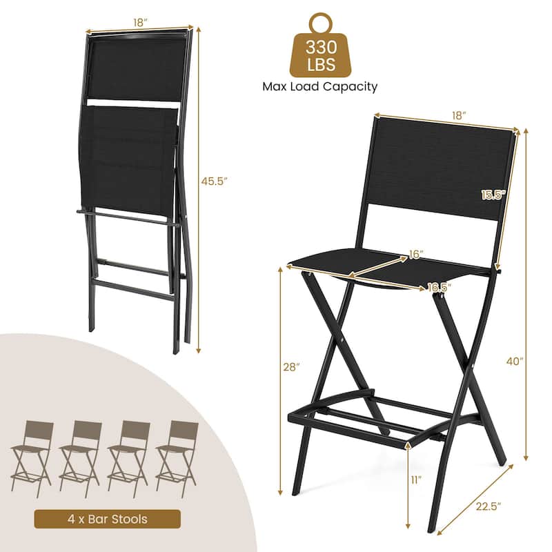 28 Inch Set of 2 Folding Bar Stools with Metal Frame and Footrest for Patio Balcony or Garden Use - 18" x 22.5" x 40"