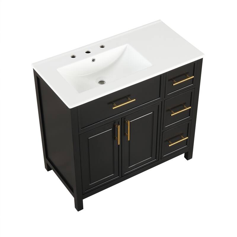 Roomfitters 36" Bathroom Vanity with Sink, Left-Side Basin, Solid Wood Frame, 2 Doors & 3 Drawers