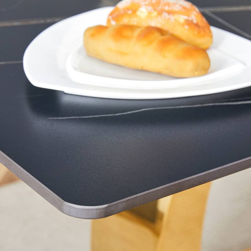 Sintered Stone Dining Table,Rock Slab Desktop,Burnt Stone With Marble Texture Sticker, Stainless Steel Metal Table Legs