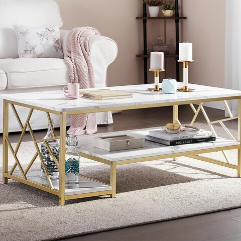 MCombo Marble Gold Coffee Table, Modern Center Table for Living Room - 45x24