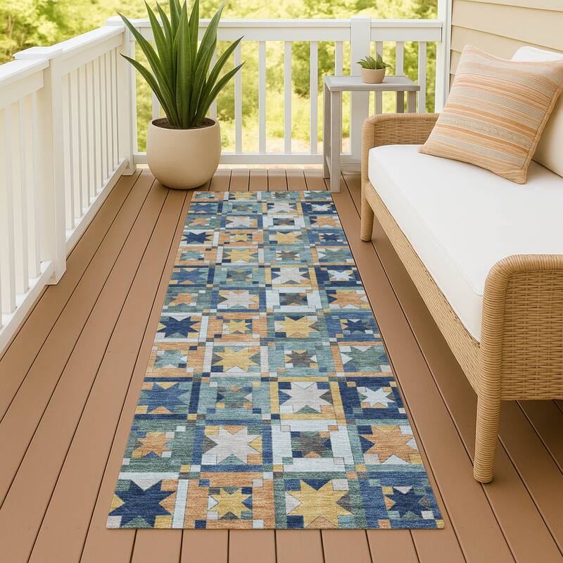 Machine Washable Indoor/ Outdoor Global Goddard Chantille Rug - Teal - 2'3" x 7'6"