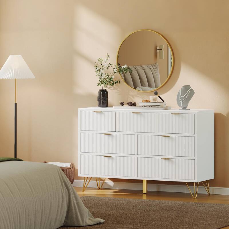 7-Drawer Dresser for Bedroom, 47.2" Wide Modern Wooden Chest with Gold Metal Legs & Handles