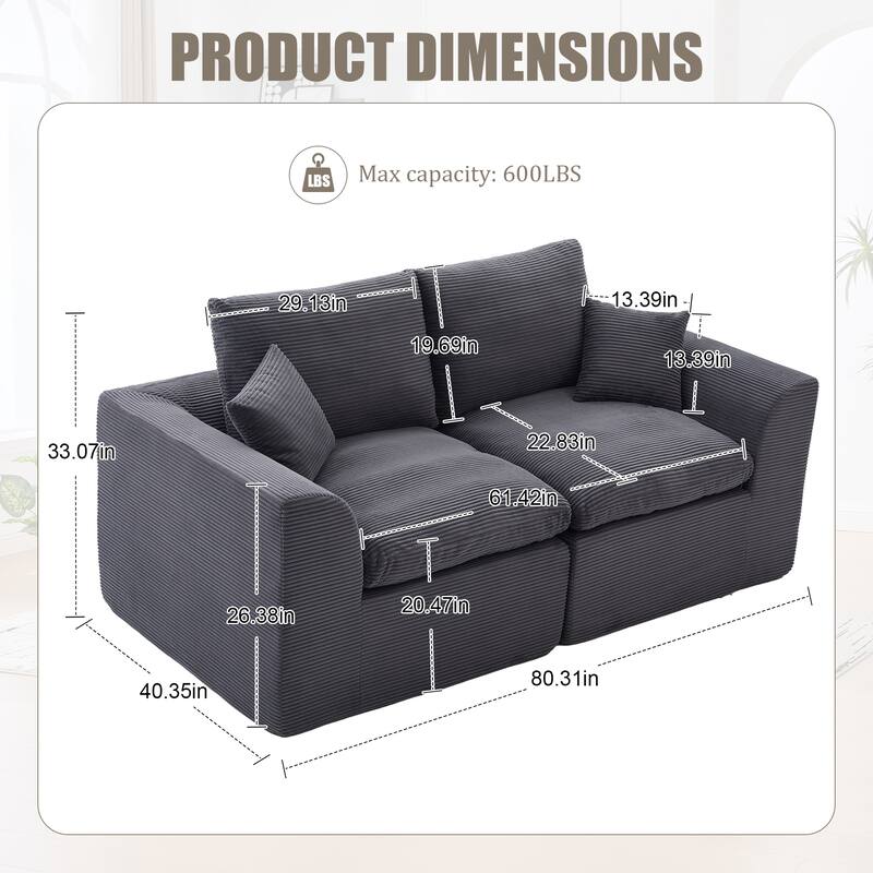 Ergonomic Corduroy Cloud Couch Modular Loveseat Sofa with Curved Armrests, High-Density Foam Support and Detachable Covers