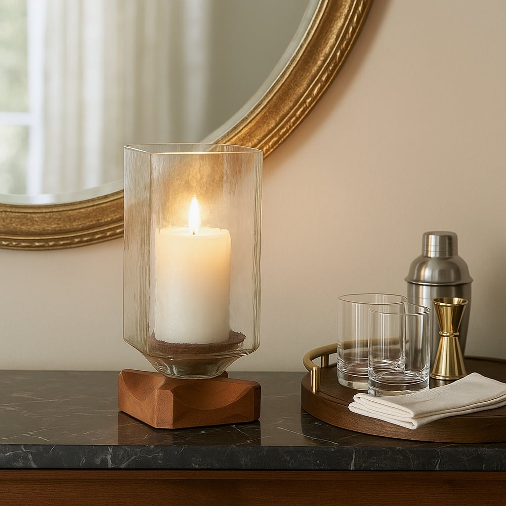 Decorative Wood and Glass Hurrican Pillar Candle Holder