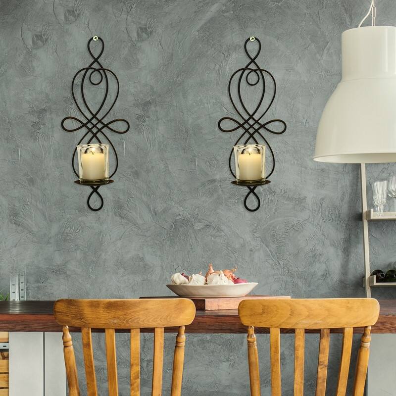 Adeco Brown Iron Vertical Wall Hanging Candle Holder Sconce (Set of 2)