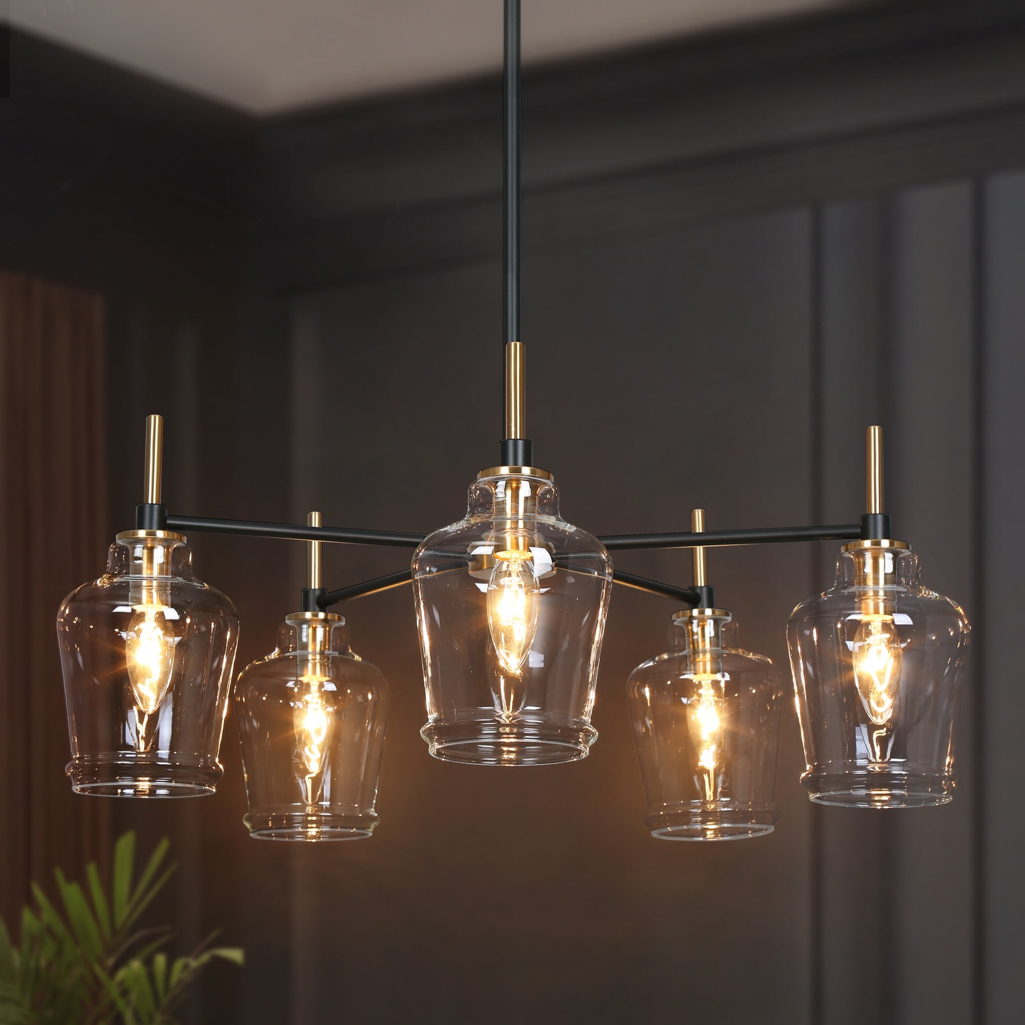 Mid-Century Modern 5-Light Glass Pendant Light in Black and Gold for Dining Room