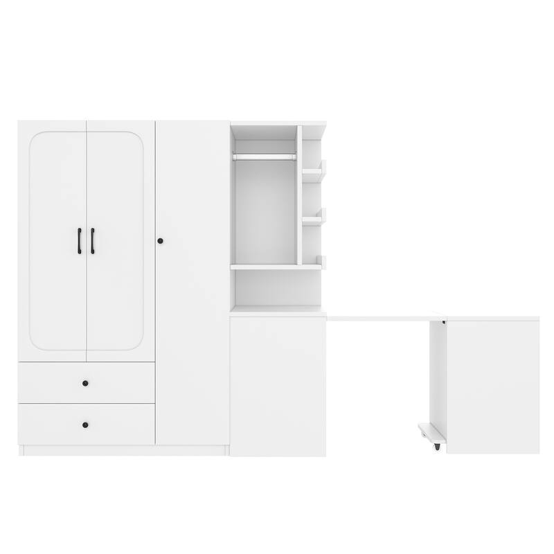 Bedroom Armoire, Wooden Wardrobe Cabinet and Foldable Desk Into One Multifunctional Unit