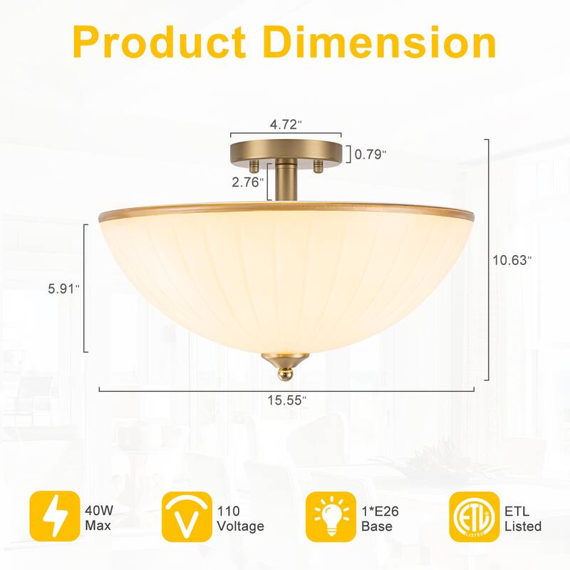 3-Light Bow-Shaped Semi-Flush Mount Ceiling Light White Glass Shade - Dia.15.55-in