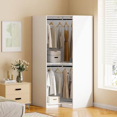 Polygonal Corner Wardrobe Armoire with Clothes Rail, Bedroom Wooden Wardrobe Storage Closets, Open Wardrobe for Bedroom
