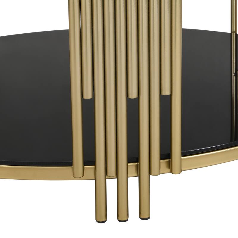 31.5" Tempered Glass Coffee Table with Asymmetrical Metal Design and Lower Shelf