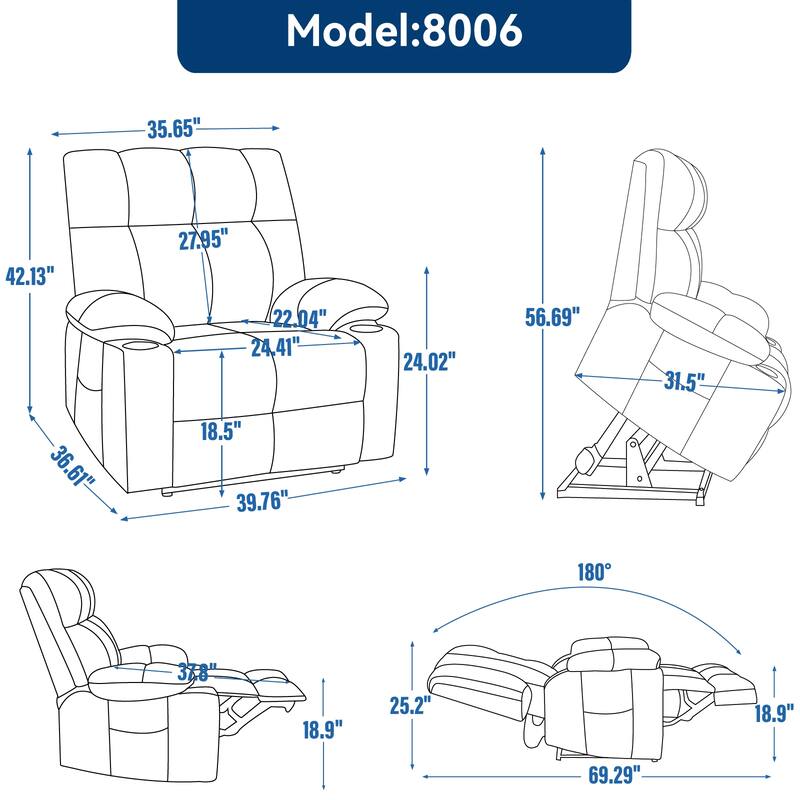 Dual Motor Infinite Position Power Lift Recliner, with 8-Point Vibration Massage and Lumbar Heating,Dual Cup Holders