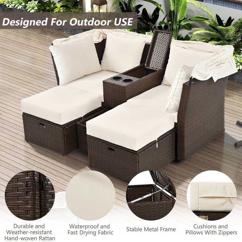 Outdoor Convertible Daybed Loveseat Sofa Set with Canopy & Console