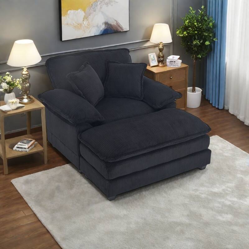 Corduroy Single Sofa Sets with Ottoman and 2 Toss Pillows, Deep Seat Design - Black