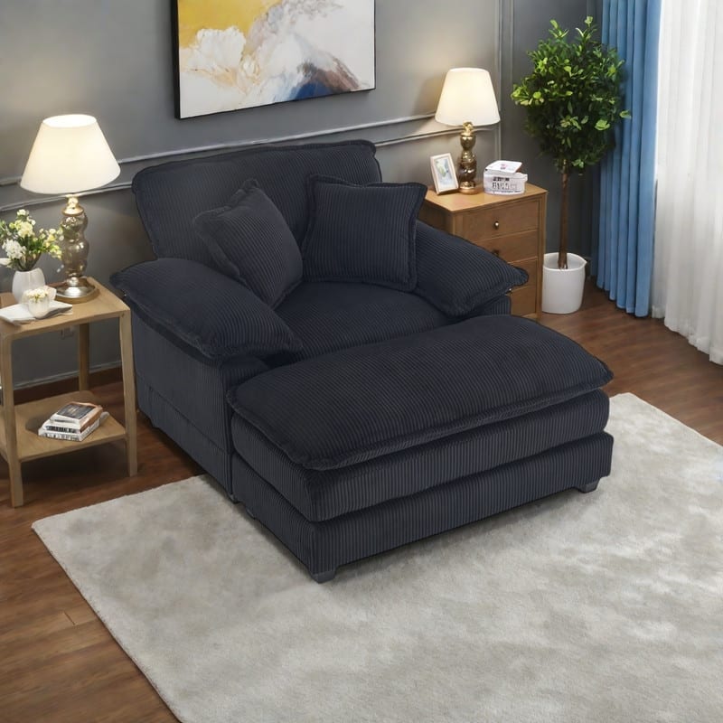 Corduroy Single Sofa Sets with Ottoman and 2 Toss Pillows, Deep Seat Design