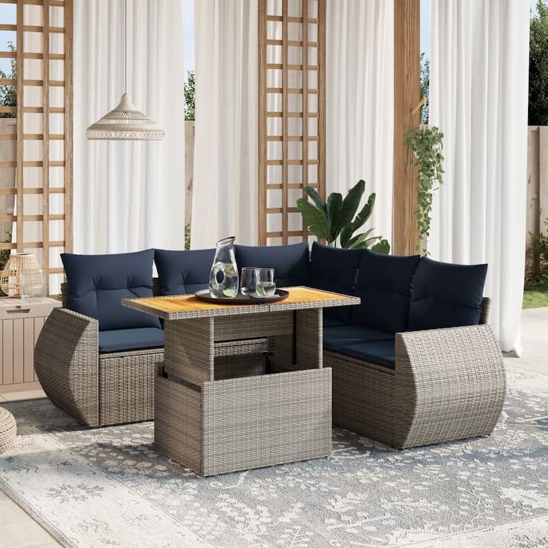 vidaXL Patio Sofa Set with Cushions Outdoor Furniture 6 Piece Poly Rattan - 24.4 x 24.4 x 27.2 - Grey-corner+Table+2x middle