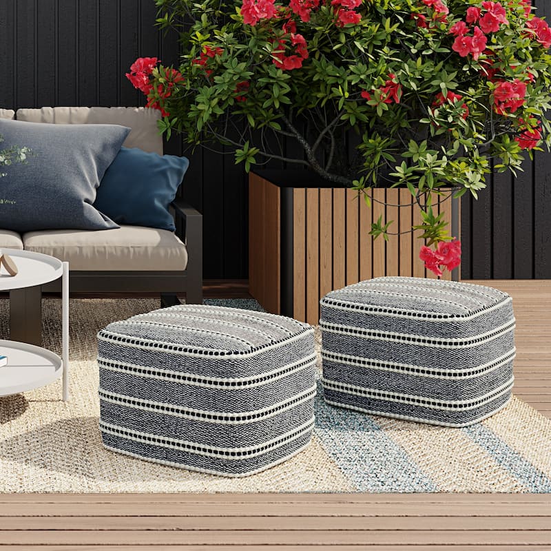 WYNDENHALL Anika Square Woven Pouf in Navy and White Recycled PET Polyester - Navy and White