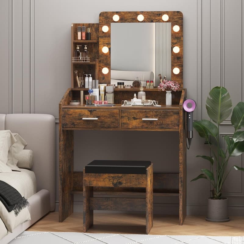 Makeup Vanity Desk with Mirror and Stool, Charging Station, 2 Drawers, 3 Shelves