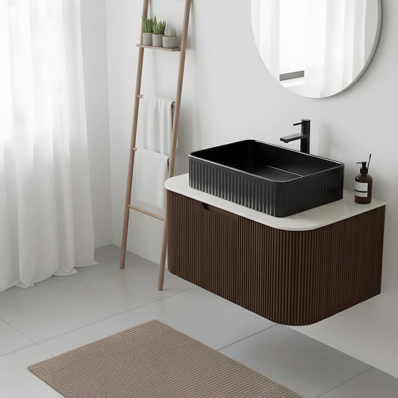 Wall Mounted Bathroom Vanity with Black Rectangular Ceramic Basin