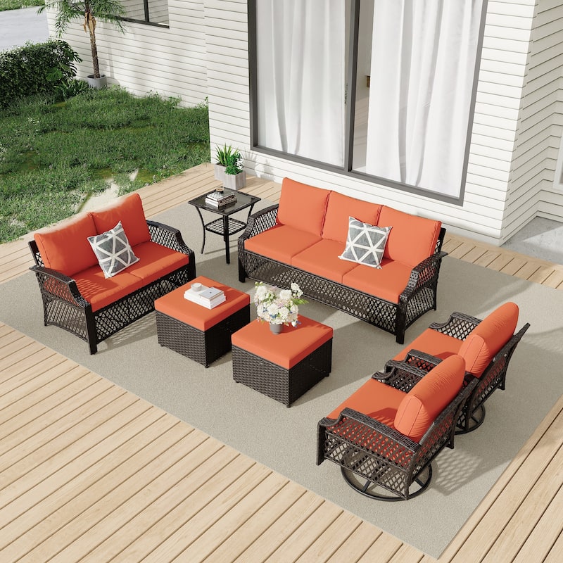 Outdoor Wicker Patio Set w Swivel Chairs & Sofa, Ottomans and Tables, Modular 3/5/6/7-Piece, All-Weather Conversation Set.