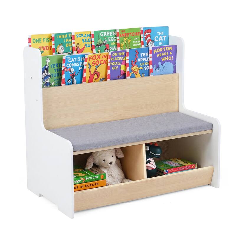 Gymax Kids Reading Nook w/Bench Bookshelf & 2 Cubbies Removable Padded