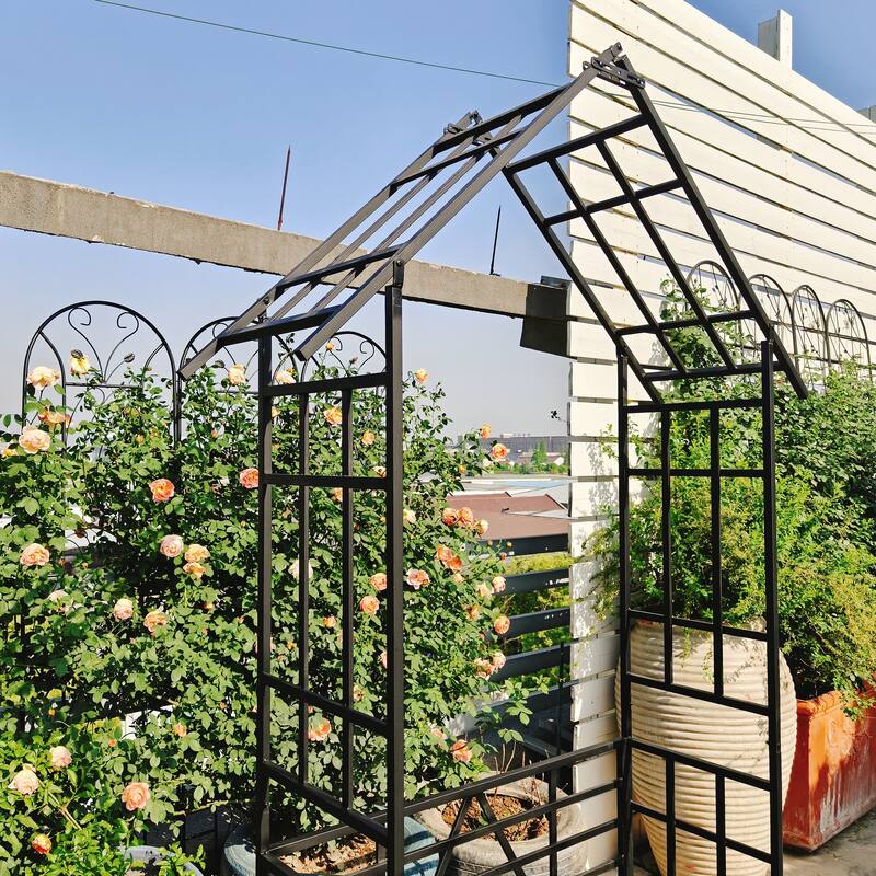 Anmytek Black Metal Garden Arch with Bench and Flower Stand for Climbing Plants Rose Arbor
