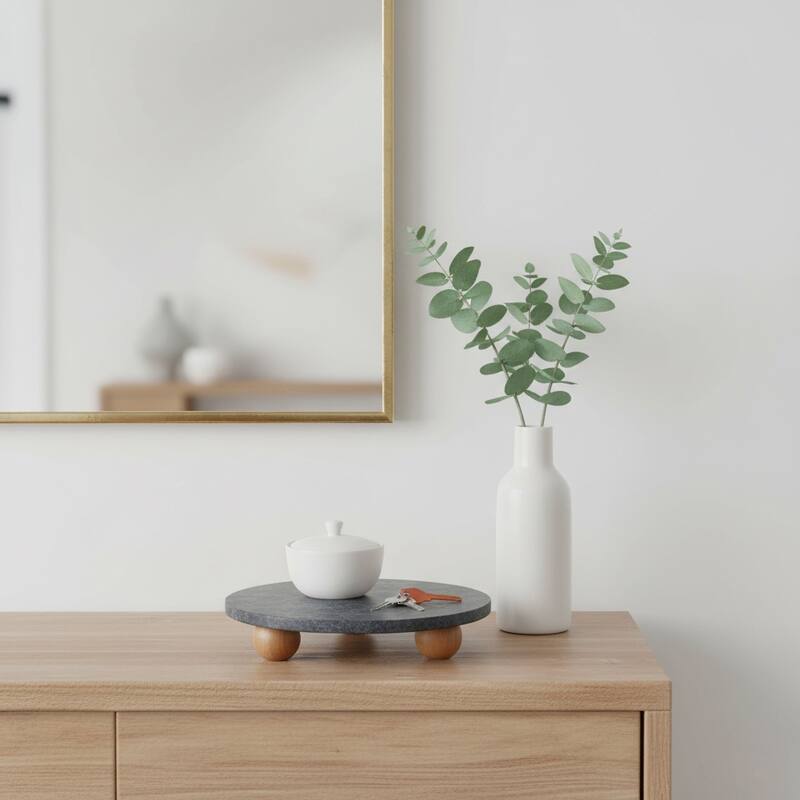 Marble Wood Round Decorative Tray with Modern Leg Detail - 3" Black - 10.0"