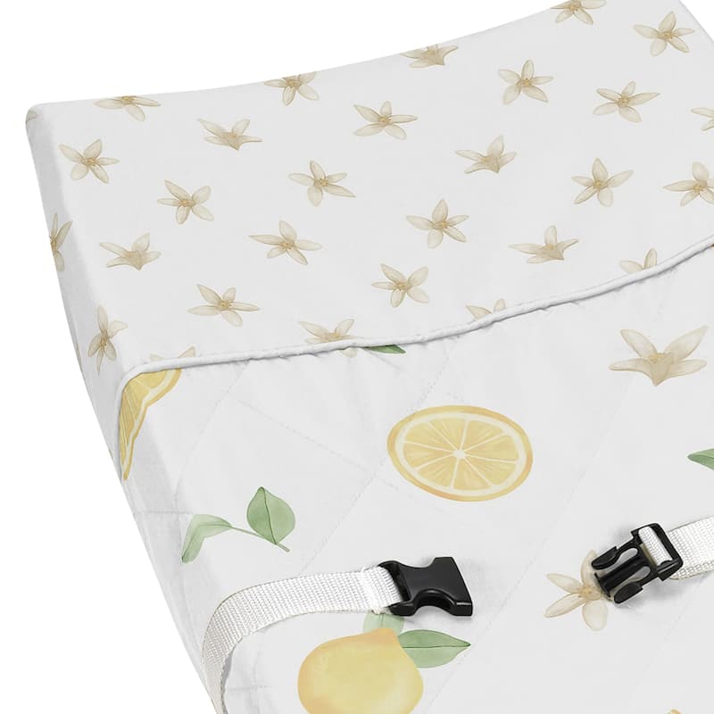 Lemon Floral Girl Changing Pad Cover - Yellow Green White Watercolor Boho Bohemian Farmhouse Fruit Flower Blossom Botanical Leaf