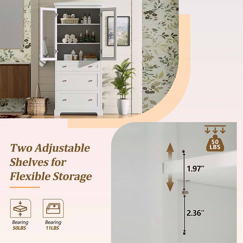 Freestanding Tall Cabinet with 2 Adjustable Shelves,3 Drawers,- Ideal for Bathroom,Living Room,and Kitchen Storage