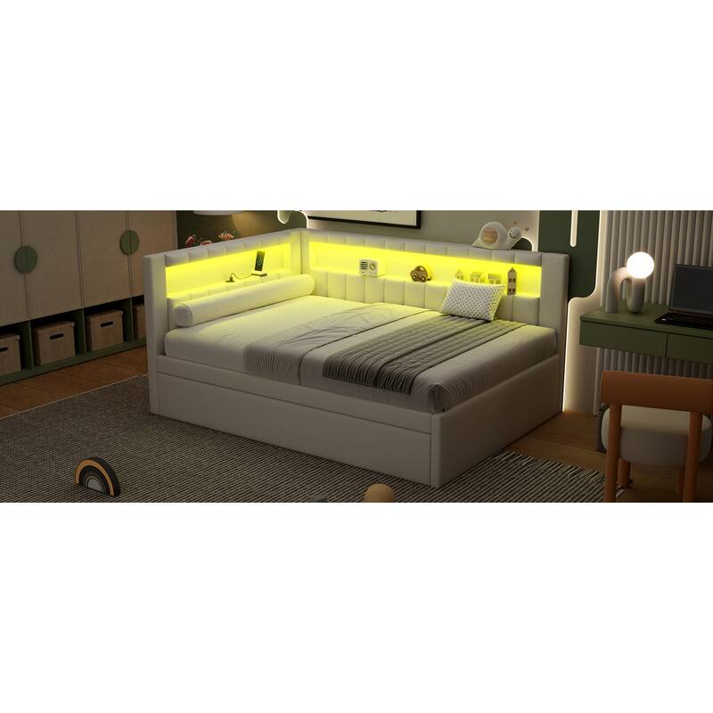 Roomfitters Full Size Upholstered Platform Bed with USB Ports, LED Light Belt and Twin Trundle, Modern Sleeper Bed, White