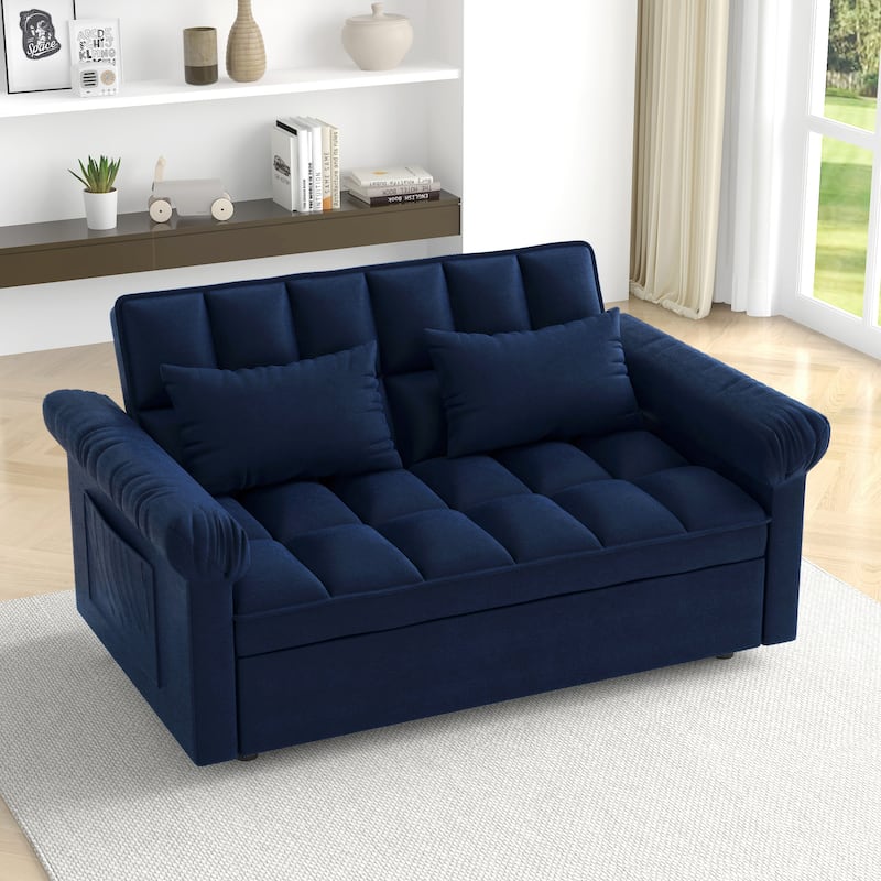 Flannel Sleeper Sofa Bed Loveseat Recliners Couch with Pull-Out Trundle, Adjustable Backrest, Round Arms and Side Pockets