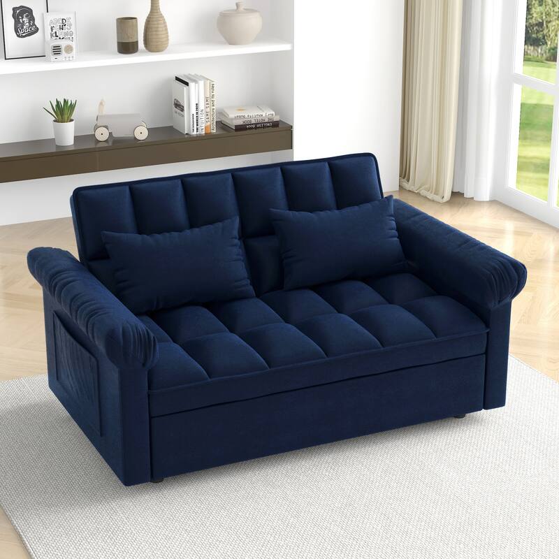 Pull-Out Sleeper Loveseat Multi-Functional Sofa Couch with Adjustable Backrest, 2-in-1 Sleeper Sofa Bed - Blue