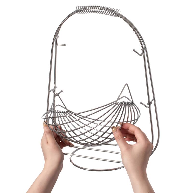 2 Tier Metal Fruit Holder Swing Basket for Kitchen Detachable Countertop Vegetables Storage Organizer with Display Hammock Stand