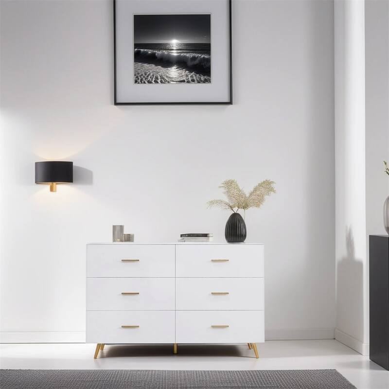High Glossy Surface 6 Drawers Chest,w/Handle and Steel Legs,Vanity