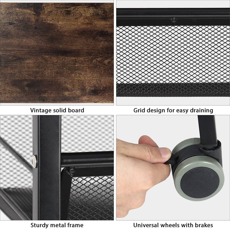 Rustic Kitchen Storage Cart, 4 Tier Kitchen Cart on Wheels, Metal Mesh Storage Pantry Cart with Lockable Wheels